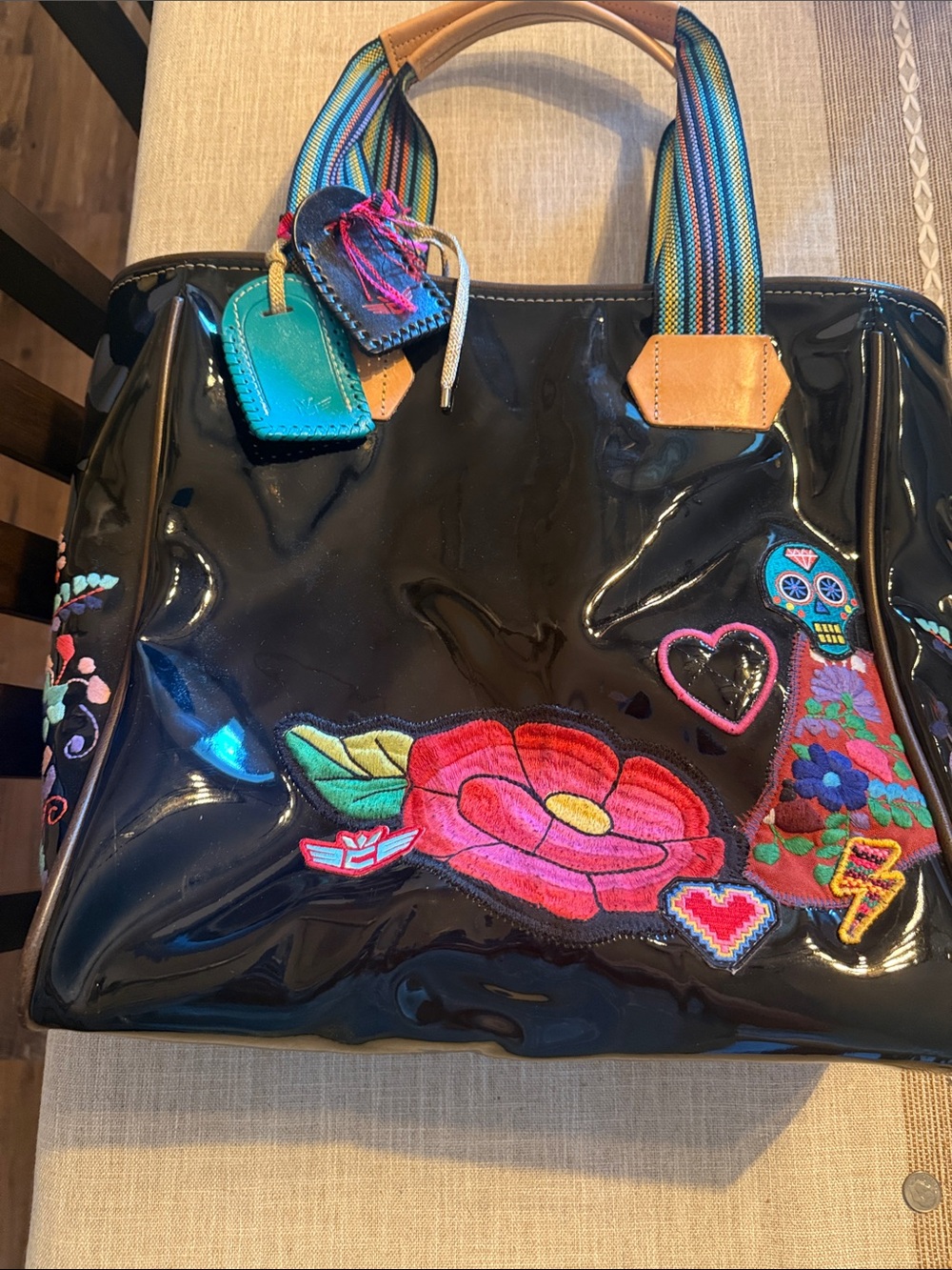 Consuela Black Patent Tote with Multicolor Embroidered Florals